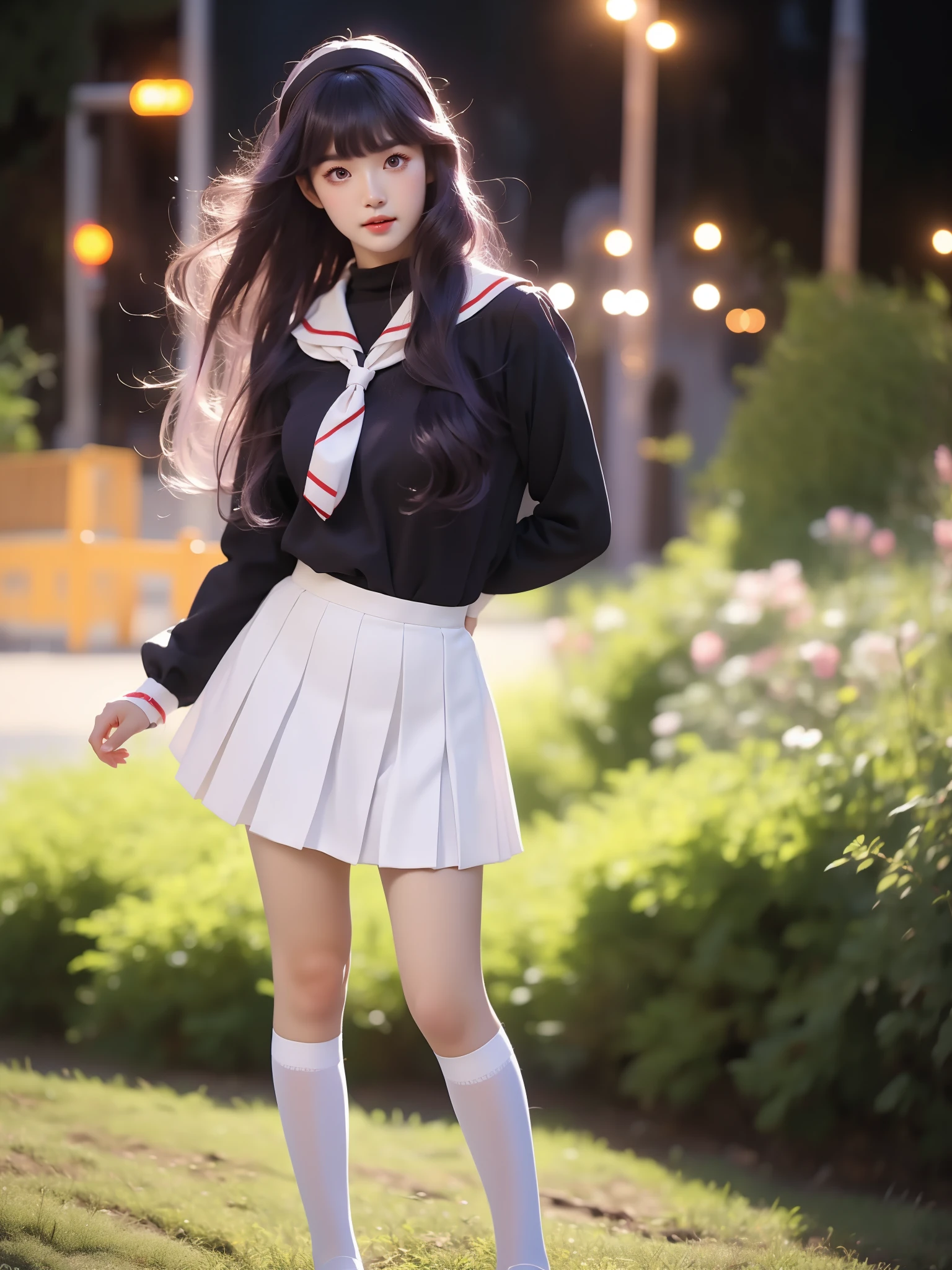 daidouji tomoyo, tomoeda elementary school uniform, 1girl, solo, cosplay,
hairband, sailor collar, serafuku, long sleeves, neckerchief, pleated skirt, bobby socks,mary janes,
purple eyes, purple hair, long hair, bangs, ,((full body)),  (Asian beauty: 1.3), girl, solo, (Lace over-the-knee stockings), ((Pleated skirts, short skirts, , very short hemline)), (toned body: 1.2), (naturally large breasts: 1.1), (visible cleavage: 0.8), (smooth flawless skin: 1.2), (perfect anatomical proportions: 1.3), (anatomically correct legs: 1.3), (elegantly long legs: 1.3), 1.1) Hands gently lift the skirt, (detailed features: 1.2), (big bright eyes: 1.1), (long eyelashes: 1.1), charming smile, gentle and confident expression, Head slightly tilted, long flowing hair, (night scene: 1.1), (starry sky: 1.0), (space background: 0.9), (professional soft light: 1.2), (warm tone: 1.1), (Masterpiece: 1.4), (Super Detail: 1.3), (Sharp focus: 1.2), (Realistic: 1.2), (Hi-Fi: 1.1)