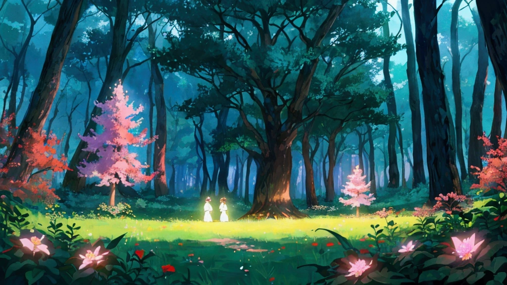 Glowing Forest Cozy Day Sparkling ,morning , Lofi anime style , landscape , natural , Small, beautiful, glowing flowers