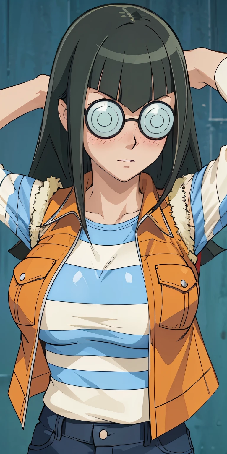 1 Female,High definition,high resolution,Ultra-realistic,8K, CC, 1girl, solo, portrait, looking at viewer, glasses, vest, striped shirt, striped sleeves,large breasts,European,sexy,Upper body close-up,Photographed from the front,Dynamic Angles,(blush), (medium tits) ,(arms behind head), perfect glasses 