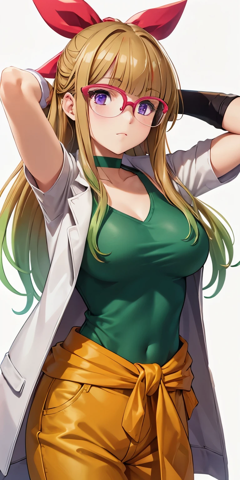 1 Female,High definition,high resolution,Ultra-realistic,8K, ohdoyuamu, 1girl, solo, long hair, green hair, blonde hair, brown hair, bow, ribbon, purple eyes, hair ribbon, hair bow, glasses, green choker, white gloves, blunt bangs, red-framed eyewear, jacket, green shirt, short sleeves, white jacket, clothes around waist, orange pants, large breasts,European,sexy,Upper body close-up,Photographed from the front,Dynamic Angles,(blush), (medium tits) ,(arms behind head)