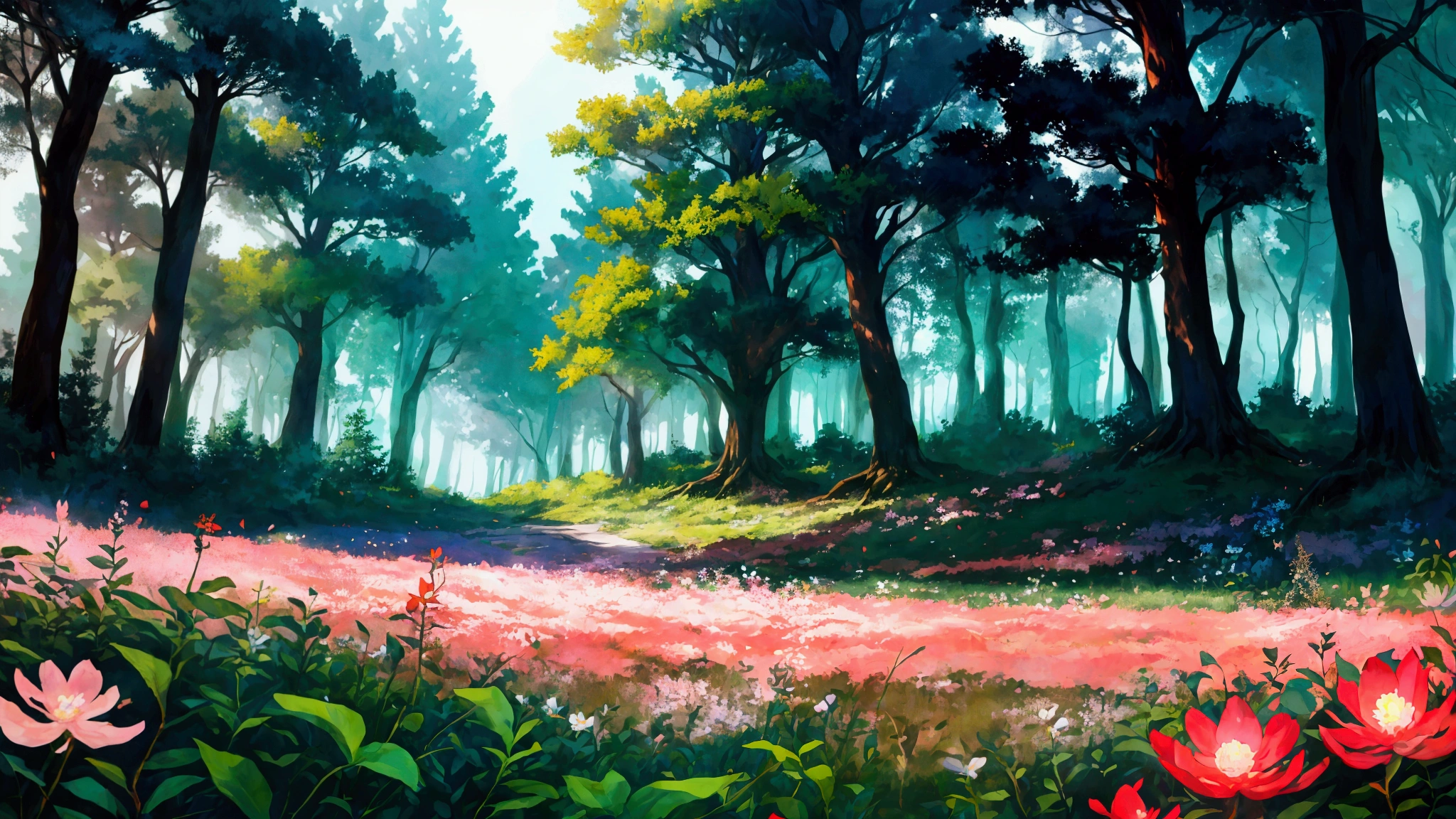 Glowing Forest Cozy Day Sparkling ,morning , Lofi anime style , landscape , natural , Small, beautiful, glowing flowers