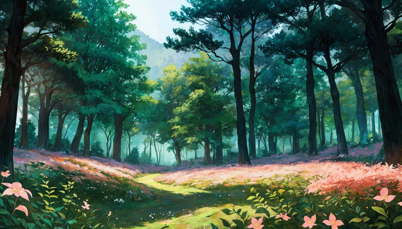 Glowing Forest Cozy Day Sparkling ,morning , Lofi anime style , landscape , natural , Small, beautiful, glowing flowers