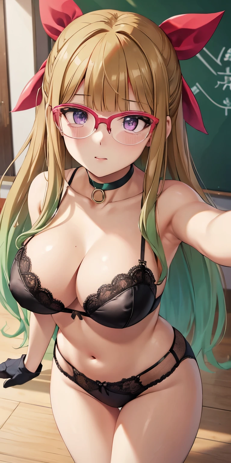 1 Female,High definition,high resolution,Ultra-realistic,8K,ohdoyuamu, 1girl, solo, long hair, green hair, blonde hair, brown hair, bow, ribbon, purple eyes, hair ribbon, hair bow, glasses, green choker, white gloves, blunt bangs, red-framed eyewear,European,sexy,Upper body close-up,Photographed from the front,Dynamic Angles,private teacher,blush, huge tits, nipples ,show  ,(black lace bra),(black lace panties),(top view),(selfie)