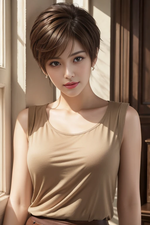 masterpiece, highest quality, Realistic, Utra detailed, Fine details, High resolution, 8k wallpaper, One beautiful woman, Perfect figure, Wear a beige sleeveless T-shirt, In a working room, Dark brown pixie cut hair, Perfect dynamic composition, Beautiful and beautiful eyes、Standing at a window、