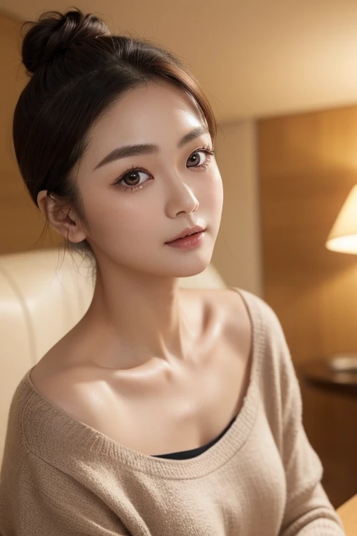 38 years old、 Japanese Women、 double bun hair 、 short hair 、 bronze-colored hair 、round face、Baby Face、(her jawline is jutting out1:1.3)、(her jawline is rounded1:1.5)、Fair skin、 sitting in a dining chair in an apartment、 ceiling light at night 、Hair is fast 、 I'm wearing an off-the-shoulder yellow knit、Small eyes、 slightly thin body type 、 outer corner of eye 、(Narrow eyes1 :1.4)、Long face、I can see your forehead、I'm looking at me with a shy smile 、Upper body close-up、Fair skin、Her mouth is slightly open、Small breasts、Dimples、