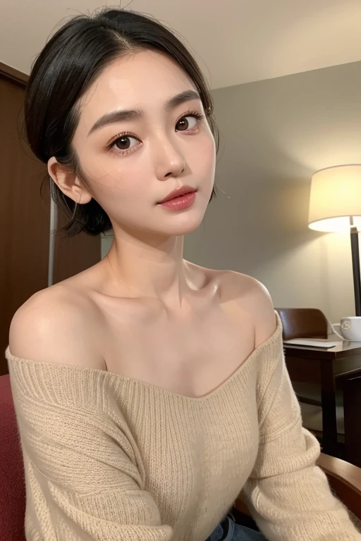 38 years old、 Japanese Women、 double bun hair 、 short hair 、 bronze-colored hair 、round face、Baby Face、(her jawline is jutting out1:1.3)、(her jawline is rounded1:1.5)、Fair skin、 sitting in a dining chair in an apartment、 ceiling light at night 、Hair is fast 、 I'm wearing an off-the-shoulder yellow knit、Small eyes、 slightly thin body type 、 outer corner of eye 、(Narrow eyes1 :1.4)、Long face、I can see your forehead、I'm looking at me with a shy smile 、Upper body close-up、Fair skin、Her mouth is slightly open、Small breasts、Dimples、