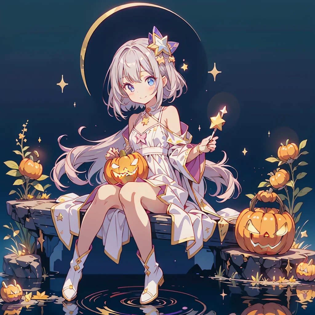 Chibi、cutestarの妖精、cute、（ beautiful eyes、Detailed eyes）、（ BEST DETAILS 、The best configuration、 perfect anatomy）、Full body front、Front、 facing the viewer、 one girl , best quality 、masterpiece、official art、Super detailed、 so beautiful、Pumpkin Fairy、Gray Hair、 straight long hair、milky way、Universe、star charm、star、baby face、 long boots for stepping on bread, magic circle、houndstooth、smile、Magenta Neon Light、Hope and expectation、 trick or treat、 Halloween 、🎃、 Halloween の衣装、orange and white goth costume、star、流star群、universe、 neon light enhances cuteness、dynamic、I'm sitting on a magic cane、sitting on the crescent moon、pink neon light border、