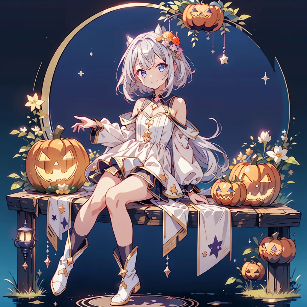 Chibi、cutestarの妖精、cute、（ beautiful eyes、Detailed eyes）、（ BEST DETAILS 、The best configuration、 perfect anatomy）、Full body front、Front、 facing the viewer、 one girl , best quality 、masterpiece、official art、Super detailed、 so beautiful、Pumpkin Fairy、Gray Hair、 straight long hair、milky way、Universe、star charm、star、baby face、 long boots for stepping on bread, magic circle、houndstooth、smile、Magenta Neon Light、Hope and expectation、 trick or treat、 Halloween 、🎃、 Halloween の衣装、orange and white goth costume、star、流star群、universe、 neon light enhances cuteness、dynamic、I'm sitting on a magic cane、sitting on the crescent moon、pink neon light border、