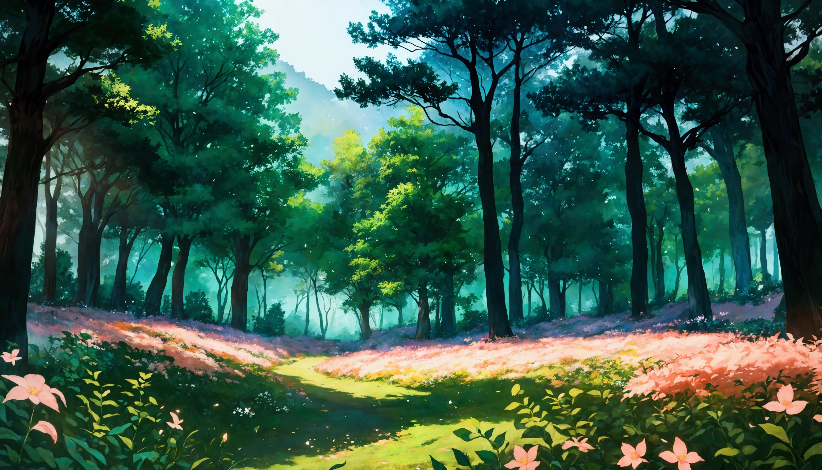 Glowing Forest Cozy Day Sparkling ,morning , Lofi anime style , landscape , natural , Small, beautiful, glowing flowers