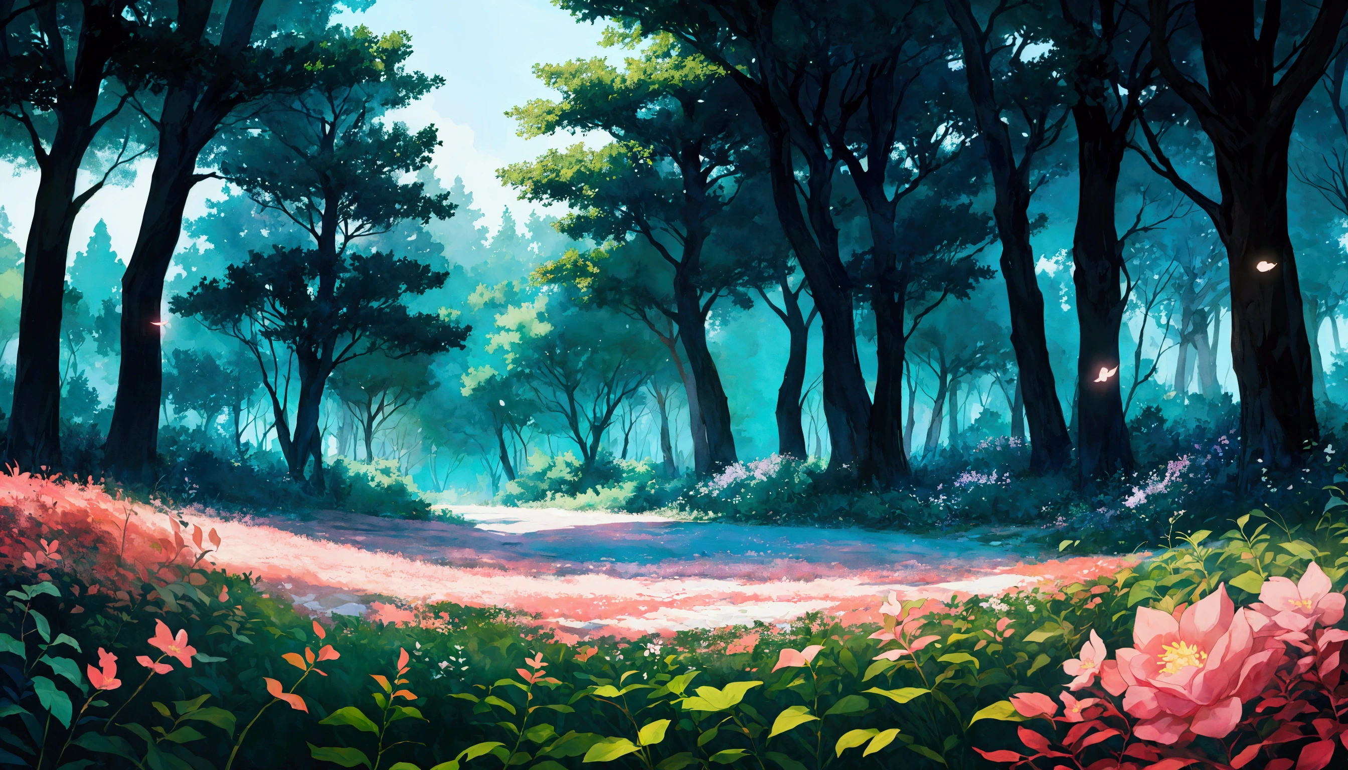 Glowing Forest Cozy Day Sparkling ,morning , Lofi anime style , landscape , natural , Small, beautiful, glowing flowers