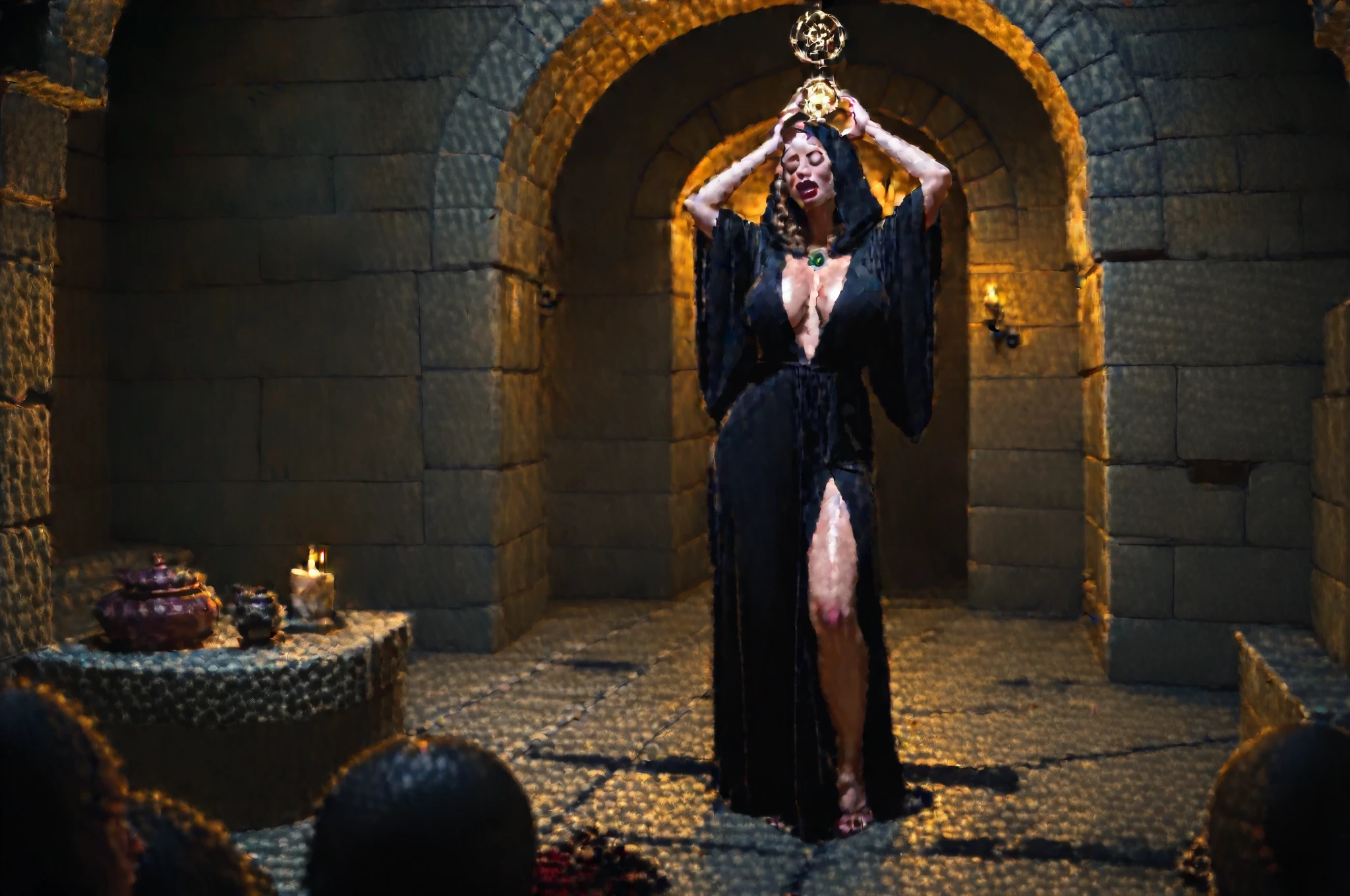 Masterpiece portrayal, masterpiece photography, mid-aged 40yo woman. dressed in long black robe, closed eyes, reciting, conjuring, summoning, spell casting. plunging neckline, huge breasts, cleavage apparels, slim body, dressed in a long detailed black hooded tunic robe, ((wide open neckline)). standing in front of an ancient stone altar, inside a dark wet stone cave, reverence, conjuring and summoning, arms raised in worship. Detailed dark cave surroundings. (shallow depth of field)), best quality, high resolution, extreme detail, outstanding composition, masterpiece