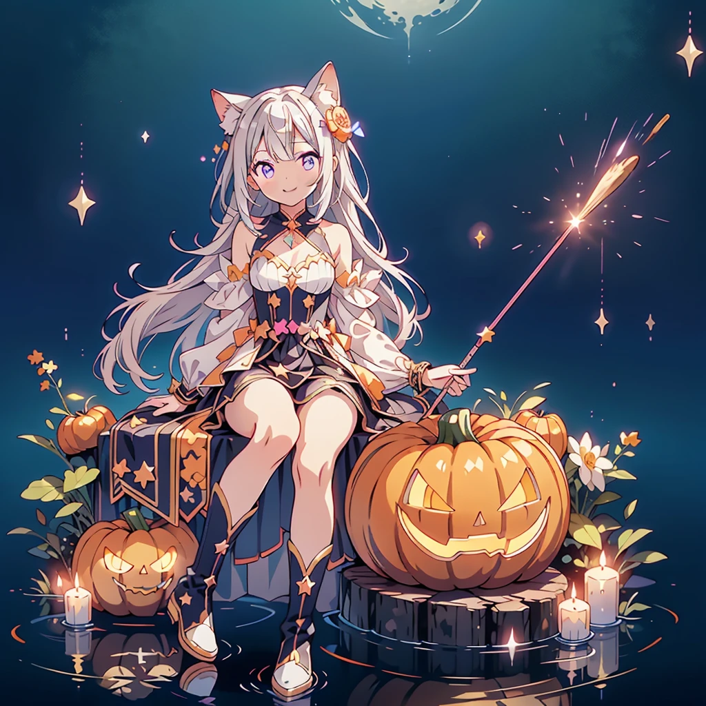 Chibi、cutestarの妖精、cute、 BEST DETAILS 、HHD、16k、（ beautiful eyes、Detailed eyes）、（ BEST DETAILS 、The best configuration、 perfect anatomy）、Full body front、Front、 facing the viewer、 one girl , best quality 、masterpiece、official art、Super detailed、 so beautiful、Pumpkin Fairy、Gray Hair、 straight long hair、milky way、Universe、star charm、star、、 long boots for stepping on bread, magic circle、houndstooth、smile、Magenta Neon Light、Hope and expectation、 trick or treat、 Halloween 、🎃、 Halloween の衣装、orange and white goth costume、star、流star群、universe、 neon light enhances cuteness、dynamic、I'm sitting on a magic cane、sitting on the crescent moon、pink neon light border、