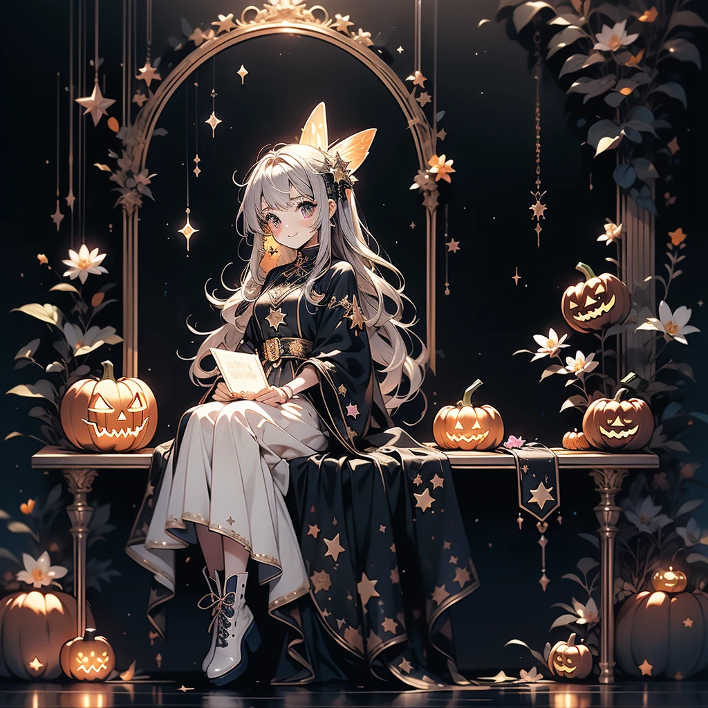 Chibi、cutestarの妖精、cute、 BEST DETAILS 、HHD、16k、（ beautiful eyes、Detailed eyes）、（ BEST DETAILS 、The best configuration、 perfect anatomy）、Full body front、Front、 facing the viewer、 one girl , best quality 、masterpiece、official art、Super detailed、 so beautiful、Pumpkin Fairy、Gray Hair、 straight long hair、milky way、Universe、star charm、star、baby face、 long boots for stepping on bread, magic circle、houndstooth、smile、Magenta Neon Light、Hope and expectation、 trick or treat、 Halloween 、🎃、 Halloween の衣装、orange and white goth costume、star、流star群、universe、 neon light enhances cuteness、dynamic、I'm sitting on a magic cane、sitting on the crescent moon、pink neon light border、