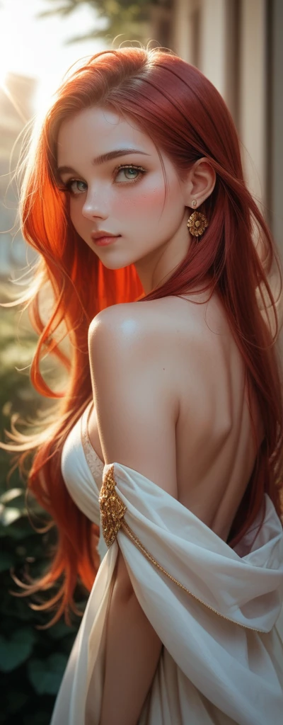 ((red hair)), blue eyes, full,  Perfect Body ,  1 Girl ,  high resolution , long hair, blushing,  Long Hair, Golden Eye,  gold earrings , best quality,  lens flare ,  High resolution , 