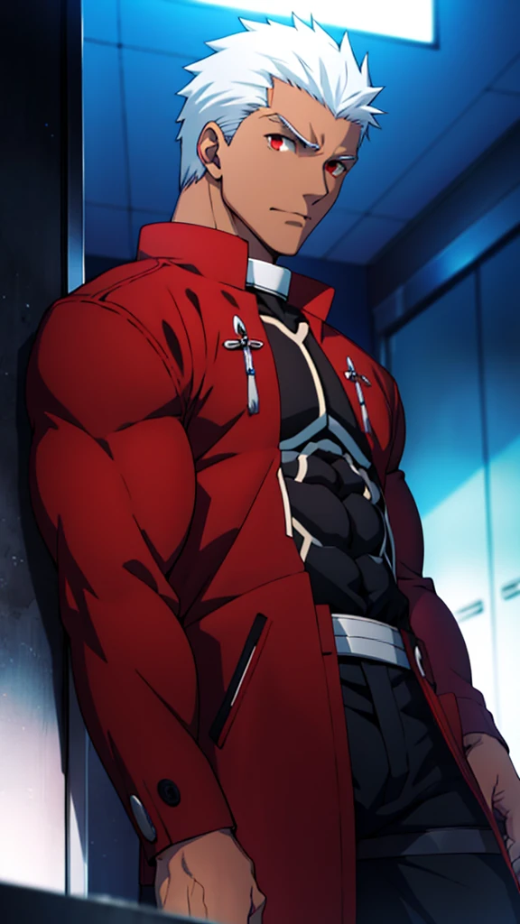  (emiya /(archer/):1.2), solo, dark-skinned male, (unrealistically oversized muscular body：1.4), hypermuscular,  heavyweight wrestler bodyshaped, giant oversized muscle, wide and muscular shoulders, long muscular arms, long bulky legs, facing viewer, red eyes, (detailed manly face: 1.2),red jacket, black shirt, covered abs, battlefield background, cinematic lighting, looking at viewers, from below, full body, intense closeup shot, (anime: 1.3), masterpiece, best quality,
