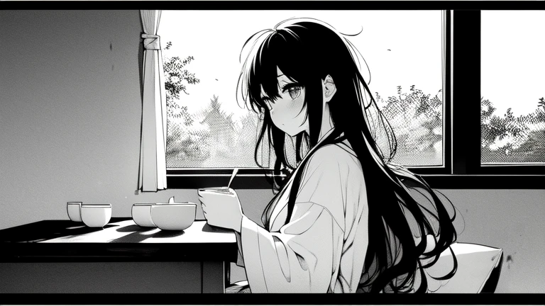 manga girl,he is,Having breakfast with a robe in the dining room