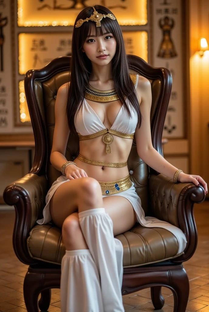 A beautiful woman dressed in a pharaoh's costume, sitting gracefully on a throne with her legs crossed. The throne is decorated with ancient Egyptian motifs, with hieroglyphics and warm golden lights in the background. The woman wears impressive makeup and a regal headdress, embodying the pharaoh's power and grace. , full body