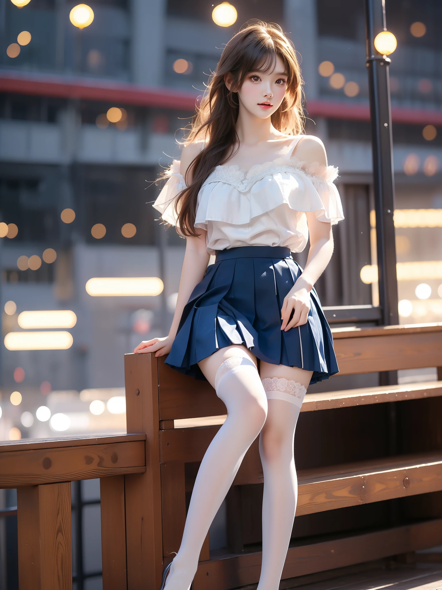 clannad, hikarizaka private high school uniform, summer uniform, ,((full body)), ((single bare shoulder)), (Asian beauty: 1.3), girl, solo, ((outfit with lace-trimmed thigh-high stockings, )), ((Pleated skirts, short skirts, , very short hemline)), (toned body: 1.2), (naturally large breasts: 1.1), (visible cleavage: 0.8), (smooth flawless skin: 1.2), (perfect anatomical proportions: 1.3), (anatomically correct legs: 1.3), (elegantly long legs: 1.3), 1.1) Hands gently lift the skirt, (detailed features: 1.2), (big bright eyes: 1.1), (long eyelashes: 1.1), charming smile, gentle and confident expression, Head slightly tilted, long flowing hair, (night scene: 1.1), (starry sky: 1.0), (space background: 0.9), (professional soft light: 1.2), (warm tone: 1.1), (Masterpiece: 1.4), (Super Detail: 1.3), (Sharp focus: 1.2), (Realistic: 1.2), (Hi-Fi: 1.1)