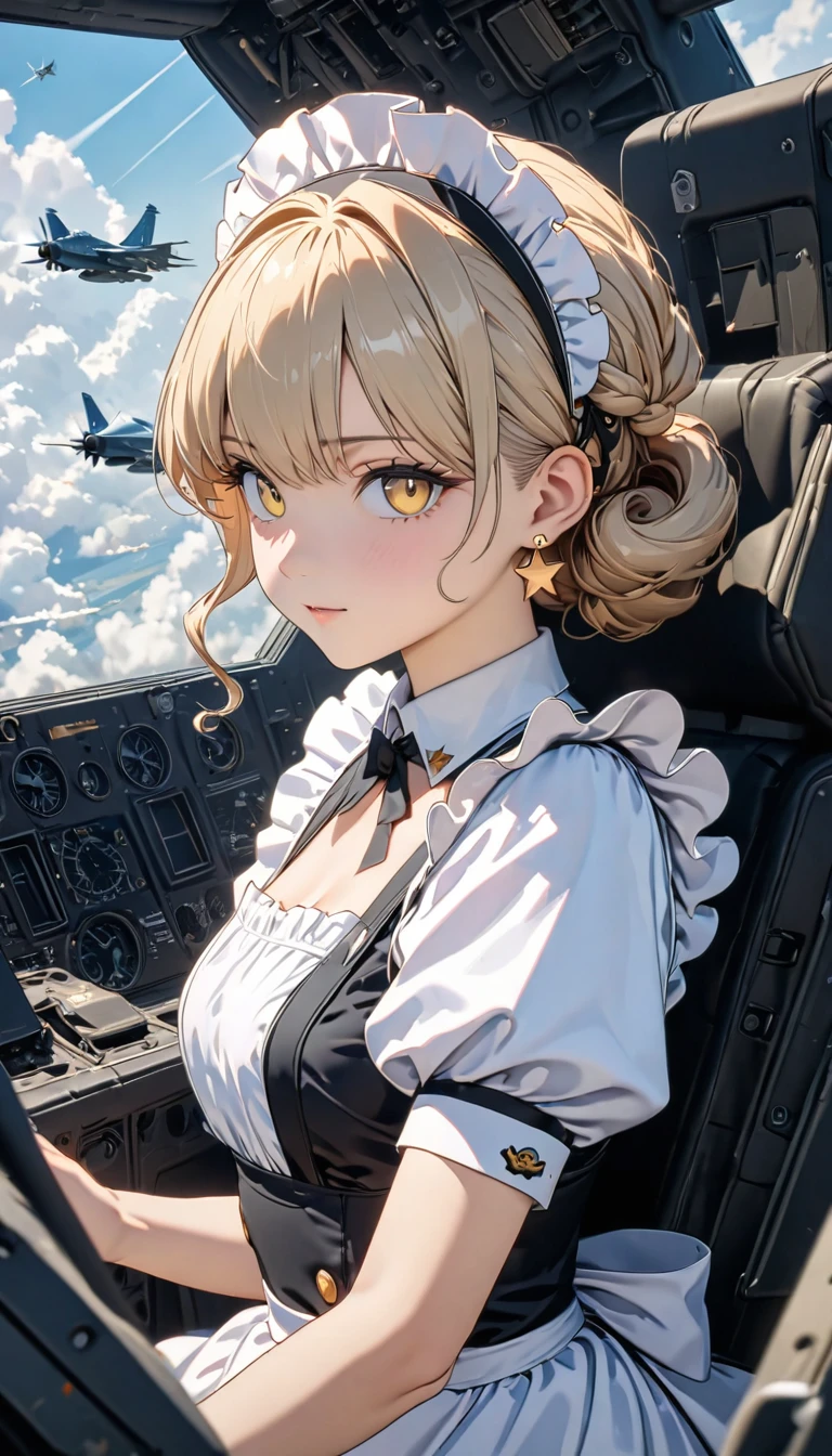 (( has the best quality)), ((masterpiece)), ( detailed),  perfect face , (( has the best quality, 8K, masterpiece: 1.3)),  clearly focused , Highly  detailed face and skin texture,  detailed眼睛, Light Gold, of the shoulder, curls, Star Earrings,  Maid costume with frills , White edge,  high resolution, Texture texture ,  anime style,  The maid boards a fighter plane ,  The maid in the cockpit acts as a pilot , 座舱内, Air Force ,  flies above the clouds 