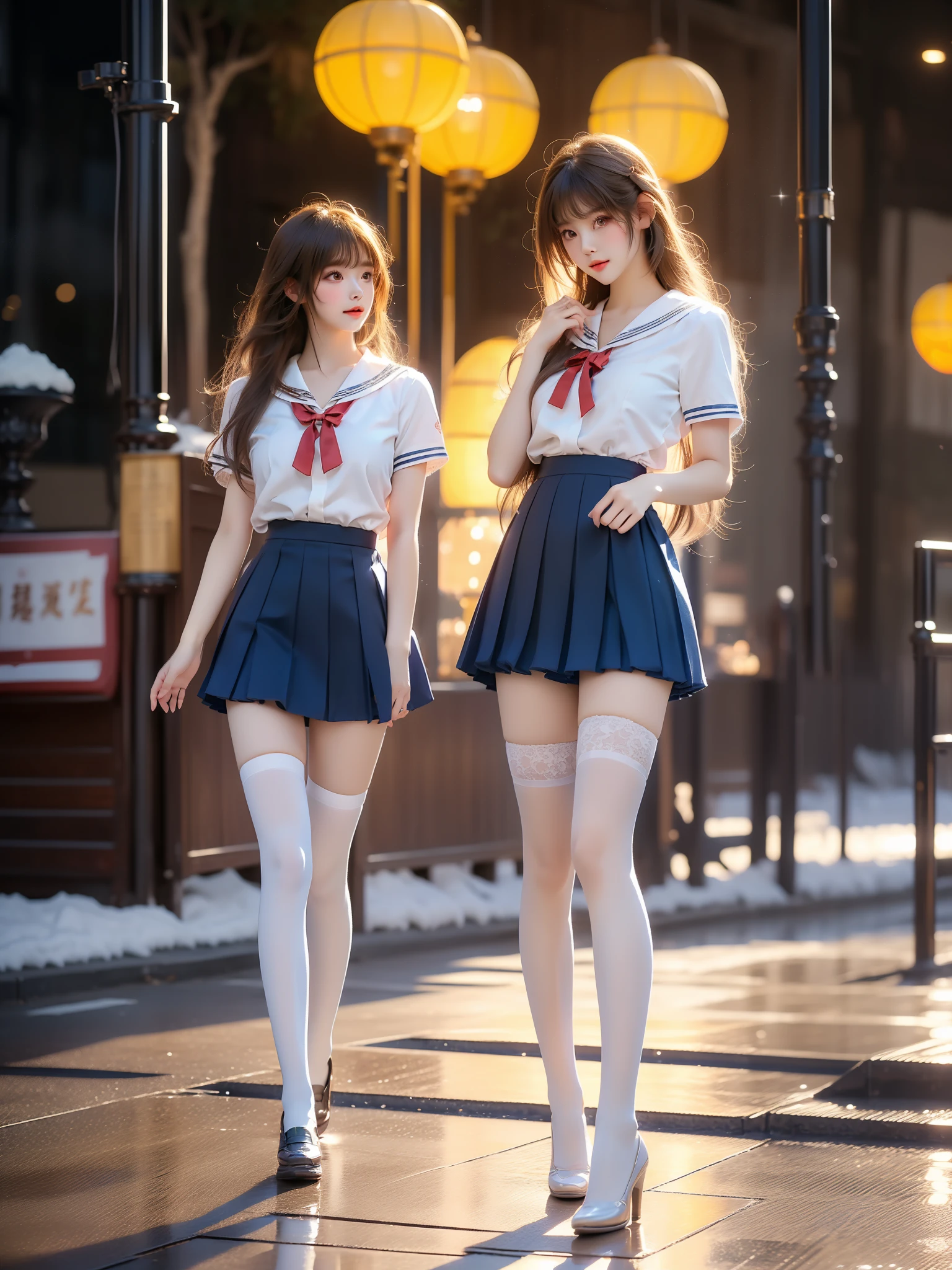 clannad, hikarizaka private high school uniform, summer uniform, ,((full body)), (Asian beauty: 1.3), girl, solo, ((outfit with lace-trimmed thigh-high stockings, )), ((Pleated skirts, short skirts, , very short hemline)), (toned body: 1.2), (naturally large breasts: 1.1), (visible cleavage: 0.8), (smooth flawless skin: 1.2), (perfect anatomical proportions: 1.3), (anatomically correct legs: 1.3), (elegantly long legs: 1.3), 1.1) Hands gently lift the skirt, (detailed features: 1.2), (big bright eyes: 1.1), (long eyelashes: 1.1), charming smile, gentle and confident expression, Head slightly tilted, long flowing hair, (night scene: 1.1), (starry sky: 1.0), (space background: 0.9), (professional soft light: 1.2), (warm tone: 1.1), (Masterpiece: 1.4), (Super Detail: 1.3), (Sharp focus: 1.2), (Realistic: 1.2), (Hi-Fi: 1.1)