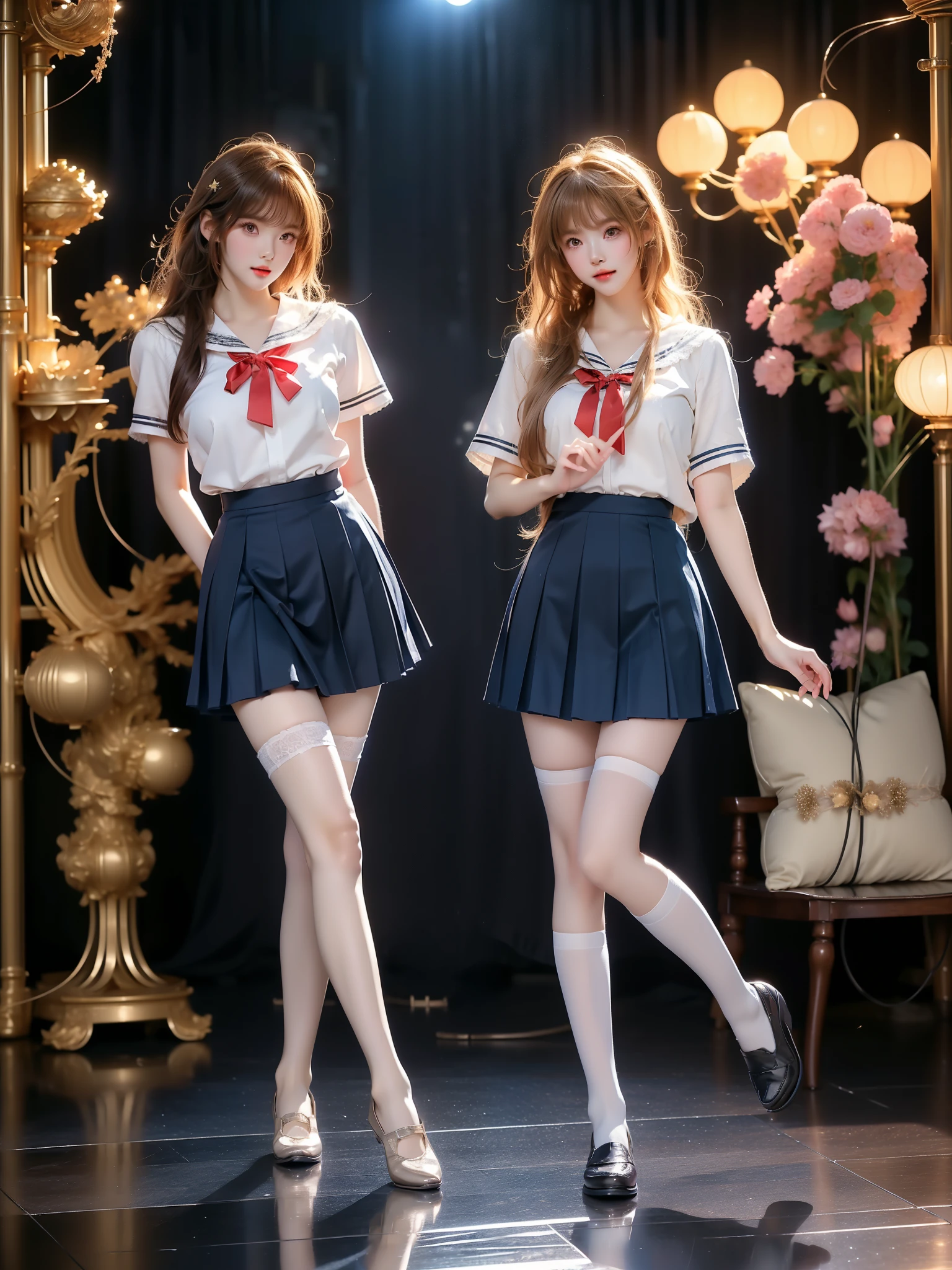 clannad, hikarizaka private high school uniform, summer uniform, ,((full body)), (Asian beauty: 1.3), girl, solo, ((outfit with lace-trimmed thigh-high stockings, )), ((Pleated skirts, short skirts, , very short hemline)), (toned body: 1.2), (naturally large breasts: 1.1), (visible cleavage: 0.8), (smooth flawless skin: 1.2), (perfect anatomical proportions: 1.3), (anatomically correct legs: 1.3), (elegantly long legs: 1.3), 1.1) Hands gently lift the skirt, (detailed features: 1.2), (big bright eyes: 1.1), (long eyelashes: 1.1), charming smile, gentle and confident expression, Head slightly tilted, long flowing hair, (night scene: 1.1), (starry sky: 1.0), (space background: 0.9), (professional soft light: 1.2), (warm tone: 1.1), (Masterpiece: 1.4), (Super Detail: 1.3), (Sharp focus: 1.2), (Realistic: 1.2), (Hi-Fi: 1.1)