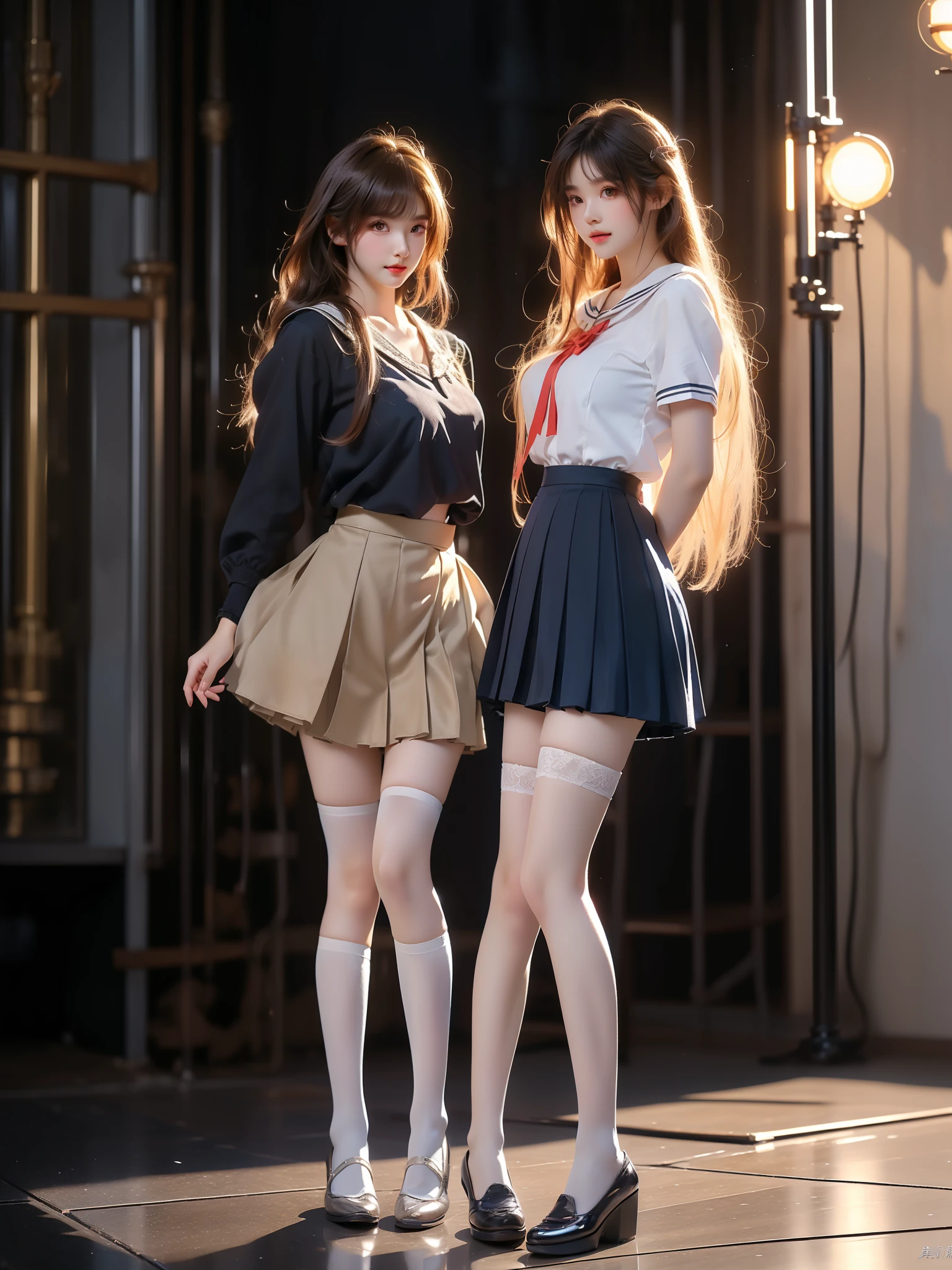 clannad, hikarizaka private high school uniform, summer uniform, ,((full body)),  (Asian beauty: 1.3), girl, solo, ((outfit with lace-trimmed black thigh-high stockings, )), ((Pleated skirts, short skirts, , very short hemline)), (toned body: 1.2), (naturally large breasts: 1.1), (visible cleavage: 0.8), (smooth flawless skin: 1.2), (perfect anatomical proportions: 1.3), (anatomically correct legs: 1.3), (elegantly long legs: 1.3), 1.1) Hands gently lift the skirt, (detailed features: 1.2), (big bright eyes: 1.1), (long eyelashes: 1.1), charming smile, gentle and confident expression, Head slightly tilted, long flowing hair, (night scene: 1.1), (starry sky: 1.0), (space background: 0.9), (professional soft light: 1.2), (warm tone: 1.1), (Masterpiece: 1.4), (Super Detail: 1.3), (Sharp focus: 1.2), (Realistic: 1.2), (Hi-Fi: 1.1)