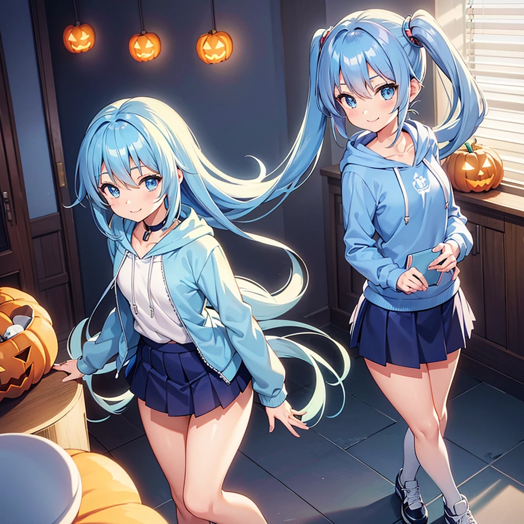 an attractive anime girl stands in a sunny room, wearing a skirt and light blue hoodie, 1girl, solo, skirt, light blue hair, long hair, light blue eyes, flat chest, slim figure, canine ear, smile, Halloween, perfect anatomy