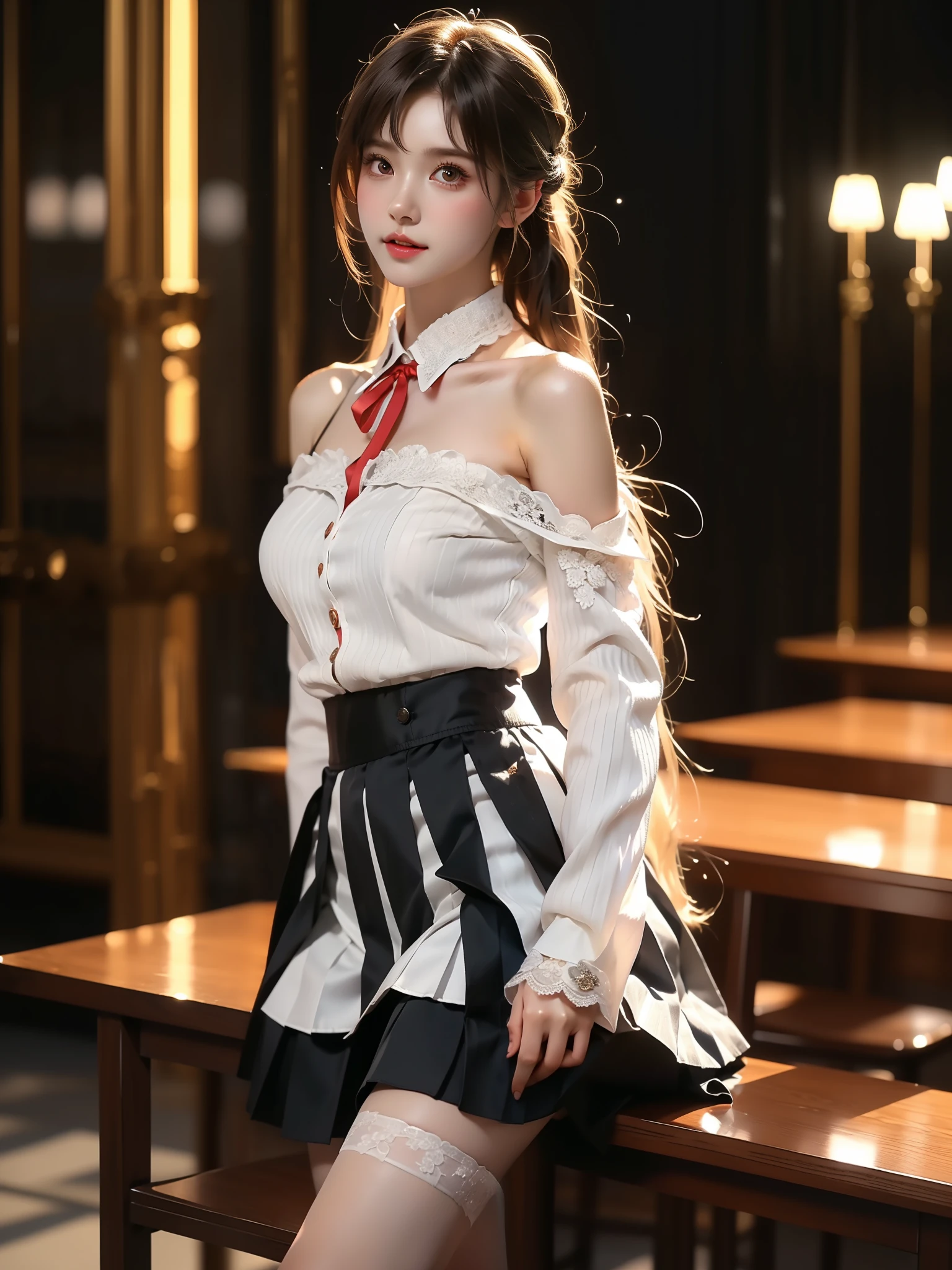 yuuki asuna, school uniform, neck ribbon, jacket, collared shirt, skirt,
long sleeves, buttons,
french braid, ,((full body)), ((single bare shoulder)), (Asian beauty: 1.3), girl, solo, ((outfit with lace-trimmed black thigh-high stockings, )), ((Pleated skirts, short skirts, , very short hemline)), (toned body: 1.2), (naturally large breasts: 1.1), (visible cleavage: 0.8), (smooth flawless skin: 1.2), (perfect anatomical proportions: 1.3), (anatomically correct legs: 1.3), (elegantly long legs: 1.3), 1.1) Hands gently lift the skirt, (detailed features: 1.2), (big bright eyes: 1.1), (long eyelashes: 1.1), charming smile, gentle and confident expression, Head slightly tilted, long flowing hair, (night scene: 1.1), (starry sky: 1.0), (space background: 0.9), (professional soft light: 1.2), (warm tone: 1.1), (Masterpiece: 1.4), (Super Detail: 1.3), (Sharp focus: 1.2), (Realistic: 1.2), (Hi-Fi: 1.1)