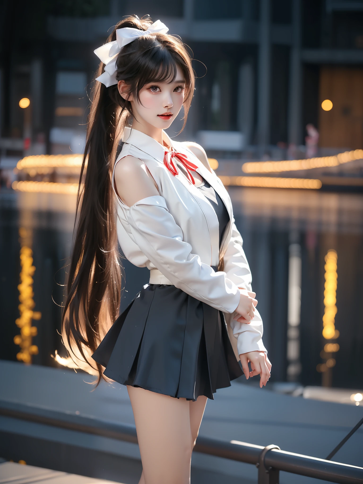 1girl, solo,hazuki ren,cosplay,
black hair,long hair,high ponytail, white hair bow, blunt bangs,
yuigaoka school uniform,school uniform, blue jacket, red neck ribbon, black loafers, white socks, long sleeves, white collared shirt, grey dress, open jacket, pinafore dress, ,((full body)), ((single bare shoulder)), (Asian beauty: 1.3), girl, solo, ((outfit with lace-trimmed black thigh-high stockings, )), ((Pleated skirts, short skirts, , very short hemline)), (toned body: 1.2), (naturally large breasts: 1.1), (visible cleavage: 0.8), (smooth flawless skin: 1.2), (perfect anatomical proportions: 1.3), (anatomically correct legs: 1.3), (elegantly long legs: 1.3), 1.1) Hands gently lift the skirt, (detailed features: 1.2), (big bright eyes: 1.1), (long eyelashes: 1.1), charming smile, gentle and confident expression, Head slightly tilted, long flowing hair, (night scene: 1.1), (starry sky: 1.0), (space background: 0.9), (professional soft light: 1.2), (warm tone: 1.1), (Masterpiece: 1.4), (Super Detail: 1.3), (Sharp focus: 1.2), (Realistic: 1.2), (Hi-Fi: 1.1)