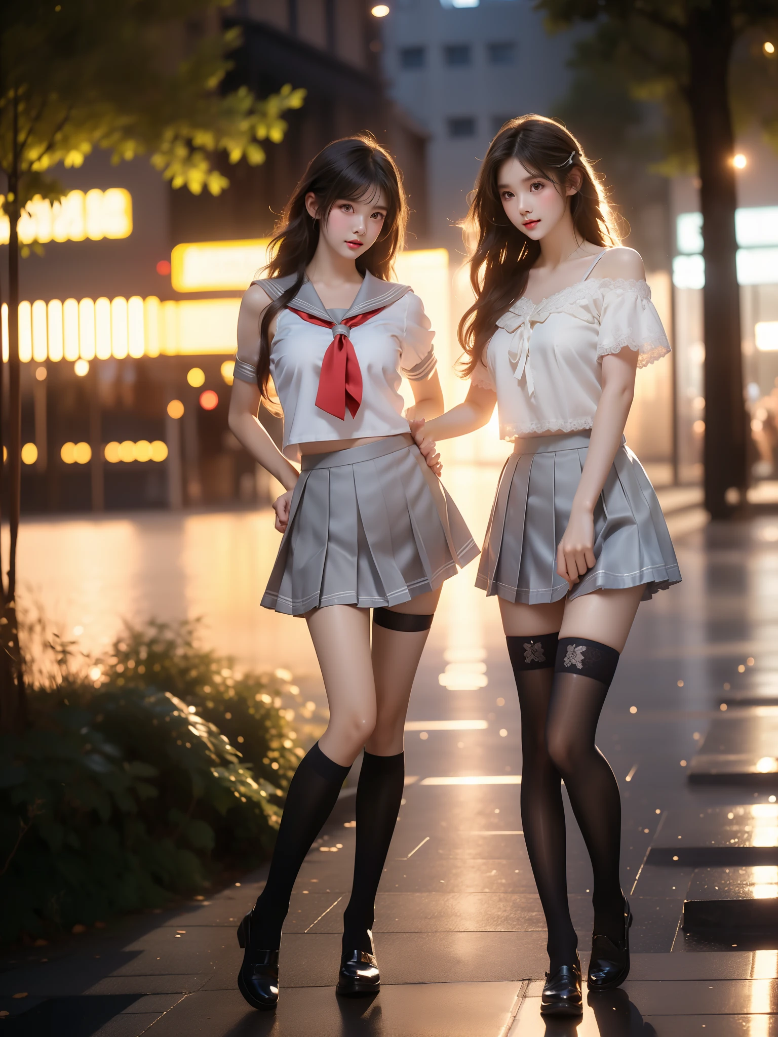 llas,uranohoshi school uniform,
serafuku, sailor collar, short sleeves, necktie, tie clip, pleated skirt,kneehighs, ,((full body)), ((single bare shoulder)), (Asian beauty: 1.3), girl, solo, ((outfit with lace-trimmed black thigh-high stockings, )), ((Pleated skirts, short skirts, , very short hemline)), (toned body: 1.2), (naturally large breasts: 1.1), (visible cleavage: 0.8), (smooth flawless skin: 1.2), (perfect anatomical proportions: 1.3), (anatomically correct legs: 1.3), (elegantly long legs: 1.3), 1.1) Hands gently lift the skirt, (detailed features: 1.2), (big bright eyes: 1.1), (long eyelashes: 1.1), charming smile, gentle and confident expression, Head slightly tilted, long flowing hair, (night scene: 1.1), (starry sky: 1.0), (space background: 0.9), (professional soft light: 1.2), (warm tone: 1.1), (Masterpiece: 1.4), (Super Detail: 1.3), (Sharp focus: 1.2), (Realistic: 1.2), (Hi-Fi: 1.1)