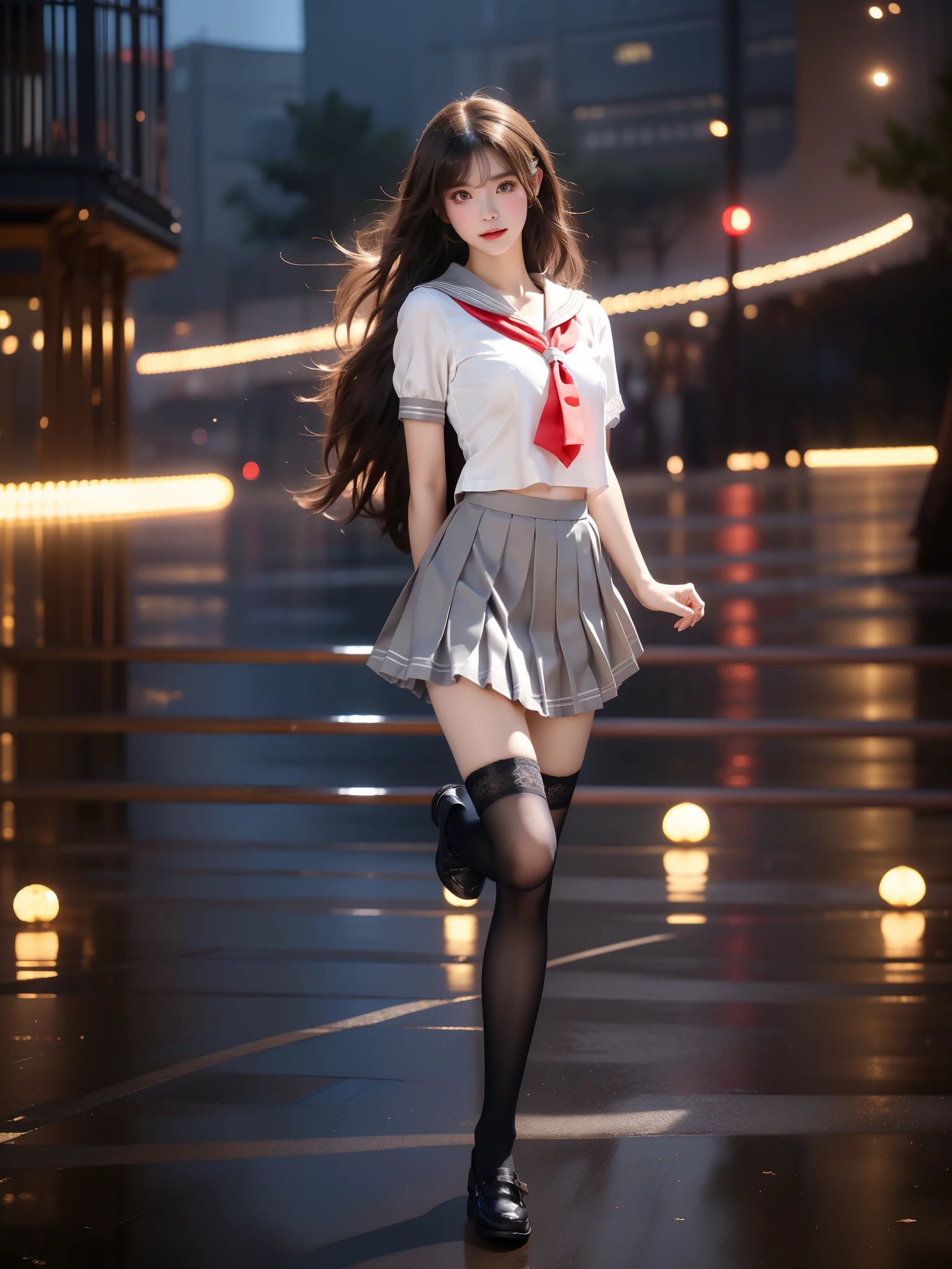 llas,uranohoshi school uniform,
serafuku, sailor collar, short sleeves, necktie, tie clip, pleated skirt,kneehighs, ,((full body)), (Asian beauty: 1.3), girl, solo, ((outfit with lace-trimmed black thigh-high stockings, )), ((Pleated skirts, short skirts, , very short hemline)), (toned body: 1.2), (naturally large breasts: 1.1), (visible cleavage: 0.8), (smooth flawless skin: 1.2), (perfect anatomical proportions: 1.3), (anatomically correct legs: 1.3), (elegantly long legs: 1.3), 1.1) Hands gently lift the skirt, (detailed features: 1.2), (big bright eyes: 1.1), (long eyelashes: 1.1), charming smile, gentle and confident expression, Head slightly tilted, long flowing hair, (night scene: 1.1), (starry sky: 1.0), (space background: 0.9), (professional soft light: 1.2), (warm tone: 1.1), (Masterpiece: 1.4), (Super Detail: 1.3), (Sharp focus: 1.2), (Realistic: 1.2), (Hi-Fi: 1.1)