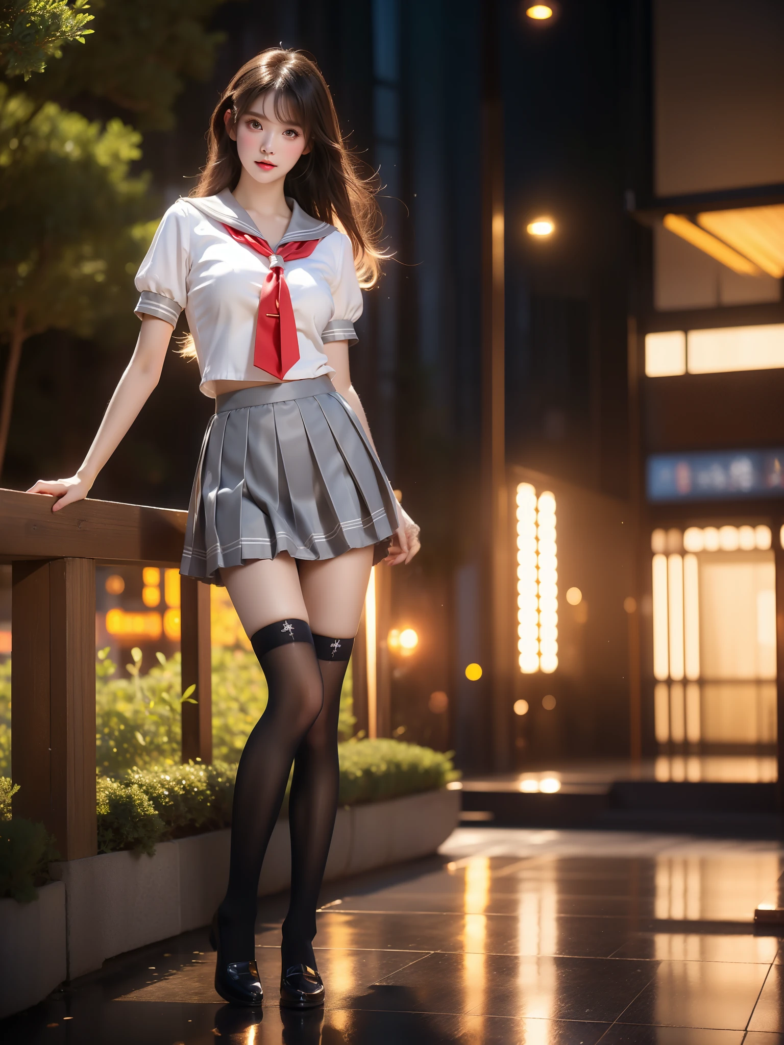 llas,uranohoshi school uniform,
serafuku, sailor collar, short sleeves, necktie, tie clip, pleated skirt,kneehighs, ,((full body)), (Asian beauty: 1.3), girl, solo, ((outfit with lace-trimmed black thigh-high stockings, )), ((Pleated skirts, short skirts, , very short hemline)), (toned body: 1.2), (naturally large breasts: 1.1), (visible cleavage: 0.8), (smooth flawless skin: 1.2), (perfect anatomical proportions: 1.3), (anatomically correct legs: 1.3), (elegantly long legs: 1.3), 1.1) Hands gently lift the skirt, (detailed features: 1.2), (big bright eyes: 1.1), (long eyelashes: 1.1), charming smile, gentle and confident expression, Head slightly tilted, long flowing hair, (night scene: 1.1), (starry sky: 1.0), (space background: 0.9), (professional soft light: 1.2), (warm tone: 1.1), (Masterpiece: 1.4), (Super Detail: 1.3), (Sharp focus: 1.2), (Realistic: 1.2), (Hi-Fi: 1.1)