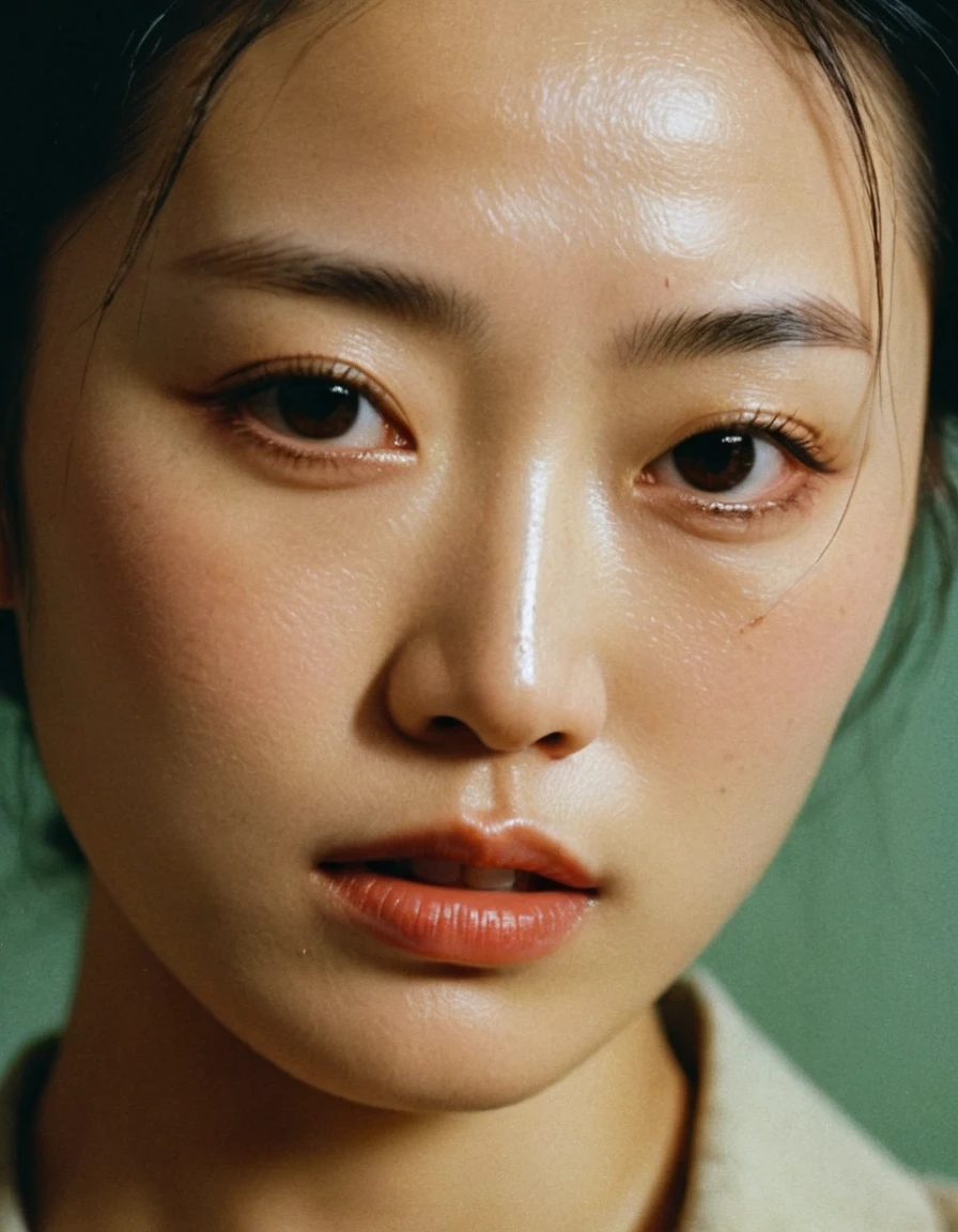 Japanese women's close-up、Cinematography, Wong Kar-wai、Realistic, textured skin,  Photograph taken on vintage film 、Rediscovered、 Grainy Emotional Image Quality 、Faded photo、 the atmosphere of an early 90s Hong Kong movie advertisement 、、28 years old、 Portrait of an 8K 、 absurd with 22 people、betrayal、despair、悲Stains、 Looking Angry at the Camera 、Angry Japanese face 、（ Face Glaring at Camera :1.5)、 thin and pretty fingers 、 Black Manicure Nails 、 wearing a dirty hemp shirt 、Mole、Stains、Dark circles under the eyes、Detailed skin texture、live-action、 Portrait of an Unhappy Woman 、Backlighting、Lit from behind, rim lighting ,  Backlit Realistic ,Delicate face、 Cold Light from Behind 