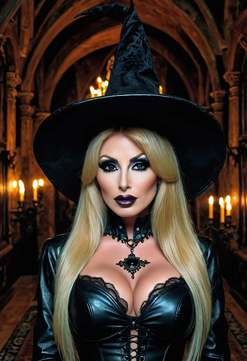 A blonde woman, a young blonde woman in purple occult witch clothes, somber atmosphere, The woman is in a room with occult symbols, the woman is extremely beautiful with a delicate face, purple makeup, long blonde hair, the woman has a very attractive body, big boobs with cleavage in witch outfit