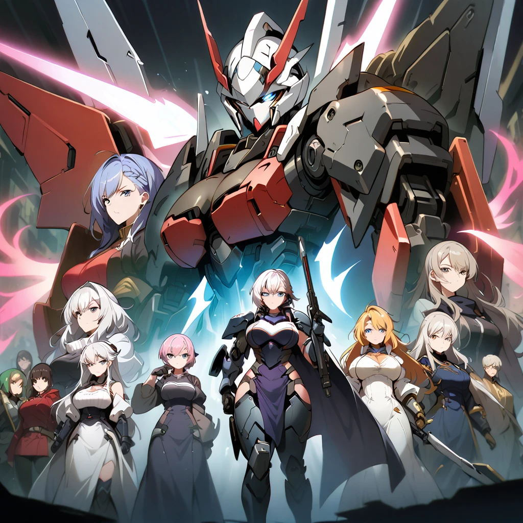 Anime, high detailed, multiple womans, mature womans, mecha armor, large mechanical wings, large Gauntlet, serious, curvy body, long mechanical wings, mecha weapons、Colored armors、magenta Colored aura、BLUE Eyes, elongated pupils,  Mature Woman、magenta aura、womans surrounding, background in the space 