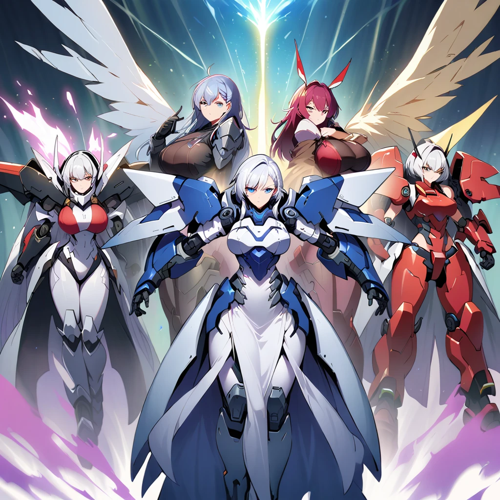 Anime, high detailed, multiple womans, mature womans, mecha armor, large mechanical wings, large Gauntlet, serious, curvy body, long mechanical wings, mecha weapons、Colored armors、magenta Colored aura、BLUE Eyes, elongated pupils,  Mature Woman、magenta aura、womans surrounding, background in the space 