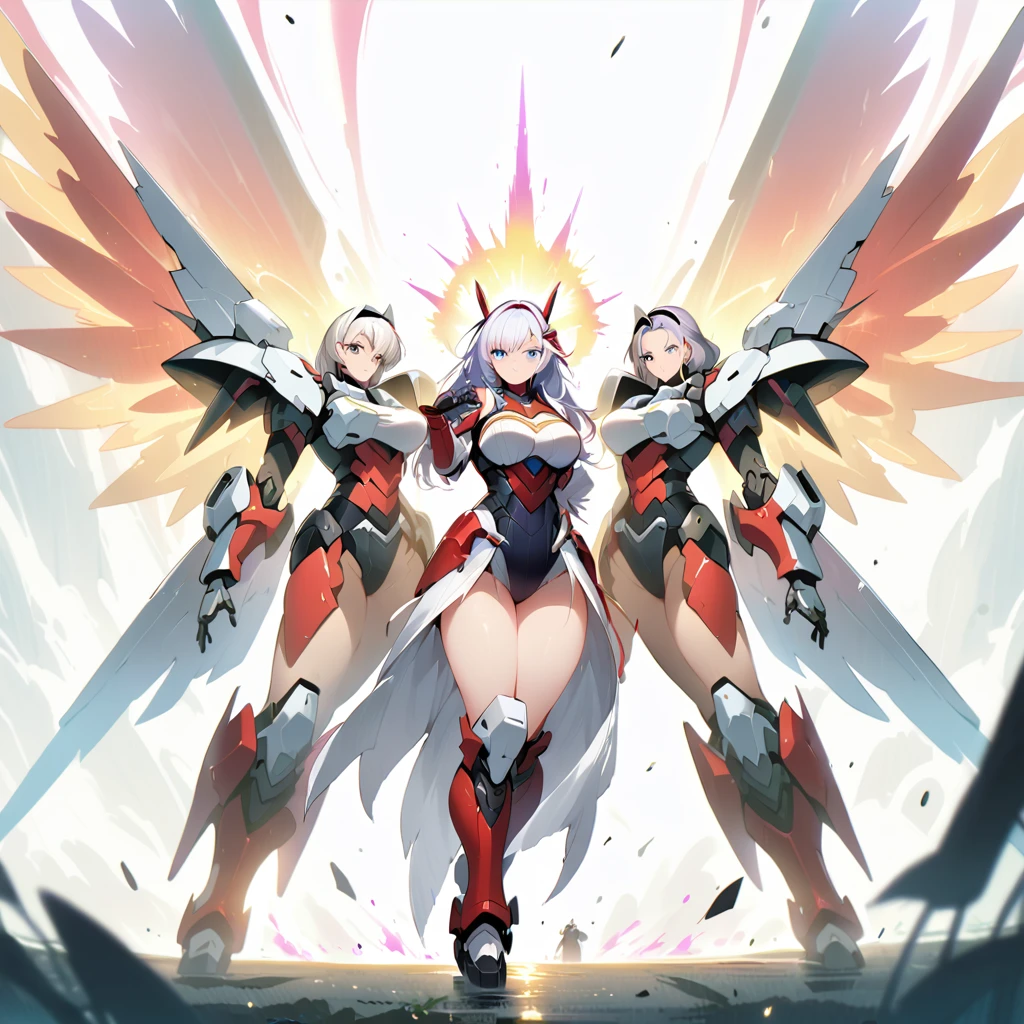 Anime, high detailed, multiple womans, mature womans, mecha armor, large mechanical wings, large Gauntlet, serious, curvy body, long mechanical wings, mecha weapons、Colored armors、magenta Colored aura、BLUE Eyes, elongated pupils,  Mature Woman、magenta aura、womans surrounding, background in the space 