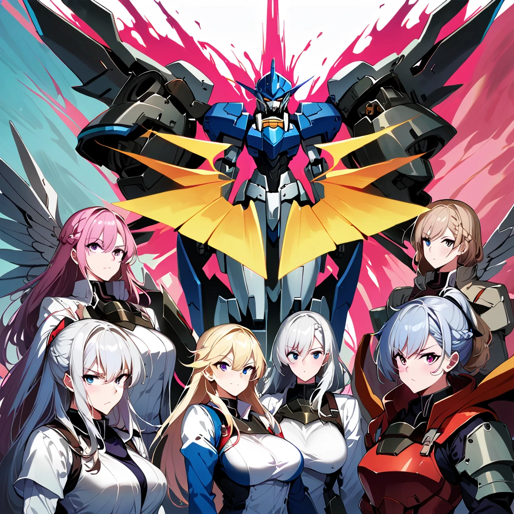 Anime, high detailed, multiple womans, mature womans, mecha armor, large mechanical wings, large Gauntlet, serious, curvy body, long mechanical wings, mecha weapons、Colored armors、magenta Colored aura、BLUE Eyes, elongated pupils,  Mature Woman、magenta aura、womans surrounding, all woman's picture, background the sideral space 