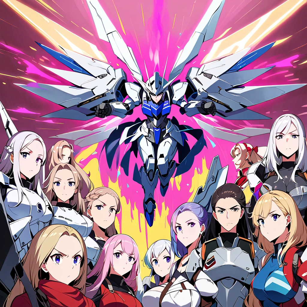 Anime, high detailed, multiple womans, mature womans, mecha armor, large mechanical wings, large Gauntlet, serious, curvy body, long mechanical wings, mecha weapons、Colored armors、magenta Colored aura、BLUE Eyes, elongated pupils,  Mature Woman、magenta aura、womans surrounding, all woman's picture, background the sideral space 