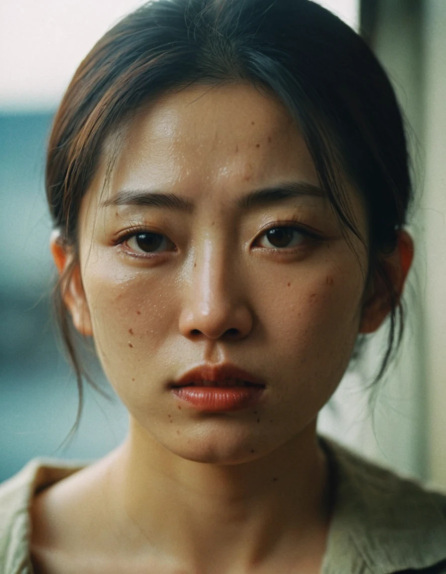  close up of an unhealthy Japanese woman、Cinematography, Wong Kar-wai、Realistic, textured skin,  photo taken on vintage film 、Rediscovered、 Grainy Emotional Image Quality 、Faded photo、 the atmosphere of an early 90s Hong Kong movie advertisement 、、28 years old、 Portrait of an 8K 、 absurd with 22 people、betrayal、despair、悲Stains、 Looking Angry at the Camera 、Angry Japanese face 、（ Face Glaring at Camera :1.5)、 wearing a dirty hemp shirt 、 pale 、 bloodless face 、Dry lips 、Mole、Stains、Dark circles under the eyes、Detailed skin texture、live-action、 Portrait of an Unhappy Woman 、Backlighting、 illuminated from behind ,  rim lighting  ,  Backlit Realistic ,Delicate face、 Cold Light from Behind 