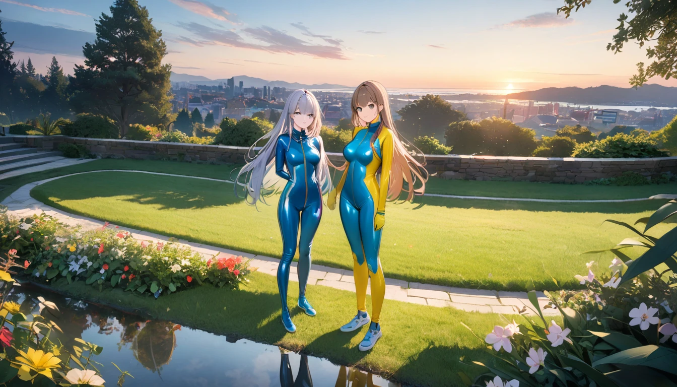 (2 girls),(最High image quality, 8k, masterpiece:1.3), (24 years old:1.5), (Grey Hair), ( long hair), (Oblique sky blue eyes), ((全身Rubber Suit、blue、yellow line、no zipper 、Rubber Suit、Gloss、reflection、Perfect fit、Full body shot、garden、lawn、 Sunny、sun、sunlight)), ([Ultra Clear:1.5), (Glossのある肌:1.1),(Pale skin:1.1),High image quality、Clear contours