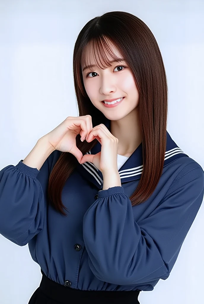 She is posing with both hands firmly in the shape of a big heart and holding it in front of her chest with a smile:1.67、Instagrammable:1.2、 (Super accurate humility、RAW photo、8k、32K、masterpiece、Realistic、  photorealistic:1.37)、Cute Japanese women images、 sexy swimsuit:1.33、Photographed in natural light、  upper body、 1 girl、Photo Mapping、  physically-based rendering 、Excellent image quality、 high res、1080P、(Beautiful Face)、( in blue clothes)、( Detailed description of the hand setter&#39;Muscle area)、(Detailed CG)、Rich details、( great features :1.35)、(Detailed eyes)、 I'm looking forward to your eyes 、Delicate clavicle、 various poses 、非常にリアルで詳細な若い女性の  upper bodyポートレート。The skin is beautiful、  soft light is reflected on the high part of her cheeks .、 Tiny pores and hair follicles、 Even the tiniest blood vessels are visible。The skin is smooth、natural flushing of cheeks 、Healthy glow。 The eyes are large and clear blue、 The iris has fine patterning、 Light is reflecting and shining in the eye,   slightly shaded under eyes  、 Her eyelashes are long and naturally curled,  her lips are soft pink 、 Smooth texture and natural glow、 Slightly reflects light,  background is pale black and white gradation 、焦点は完全に顔と  upper bodyに当たっている, Realistic shadows and textures、Photographic depiction