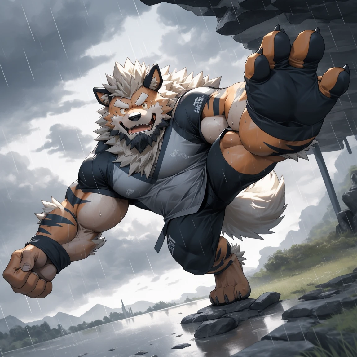 hairy, arcanine, male, beard, full body picture, sweat, hilltop view, dynamic poses, detailed background, Very detailed, lifelike, heavy raining, overcast weather, disheartened expression, breathable fabric, flexible outfit, dark neutral colors, subtle patterns or accents, futuristic design, lightweight protection, movement-friendly, kick, from below, masterpiece