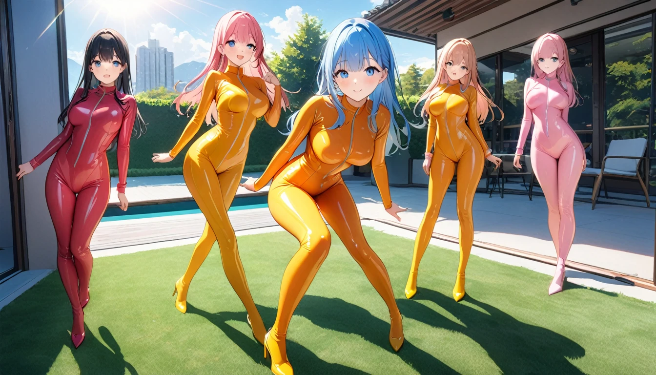 (3 girls),(最High image quality, 8k, masterpiece:1.3), (24 years old:1.5), (pinkの髪), ( long hair), (Oblique sky blue eyes), ((全身Rubber Suit、pink、yellow line、no zipper 、Rubber Suit、Gloss、reflection、Perfect fit、Full body shot、lawn、 Sunny、sun、squirt、sunlight)), ([Ultra Clear:1.5), (Glossのある肌:1.1),(Pale skin:1.1),High image quality、Clear contours