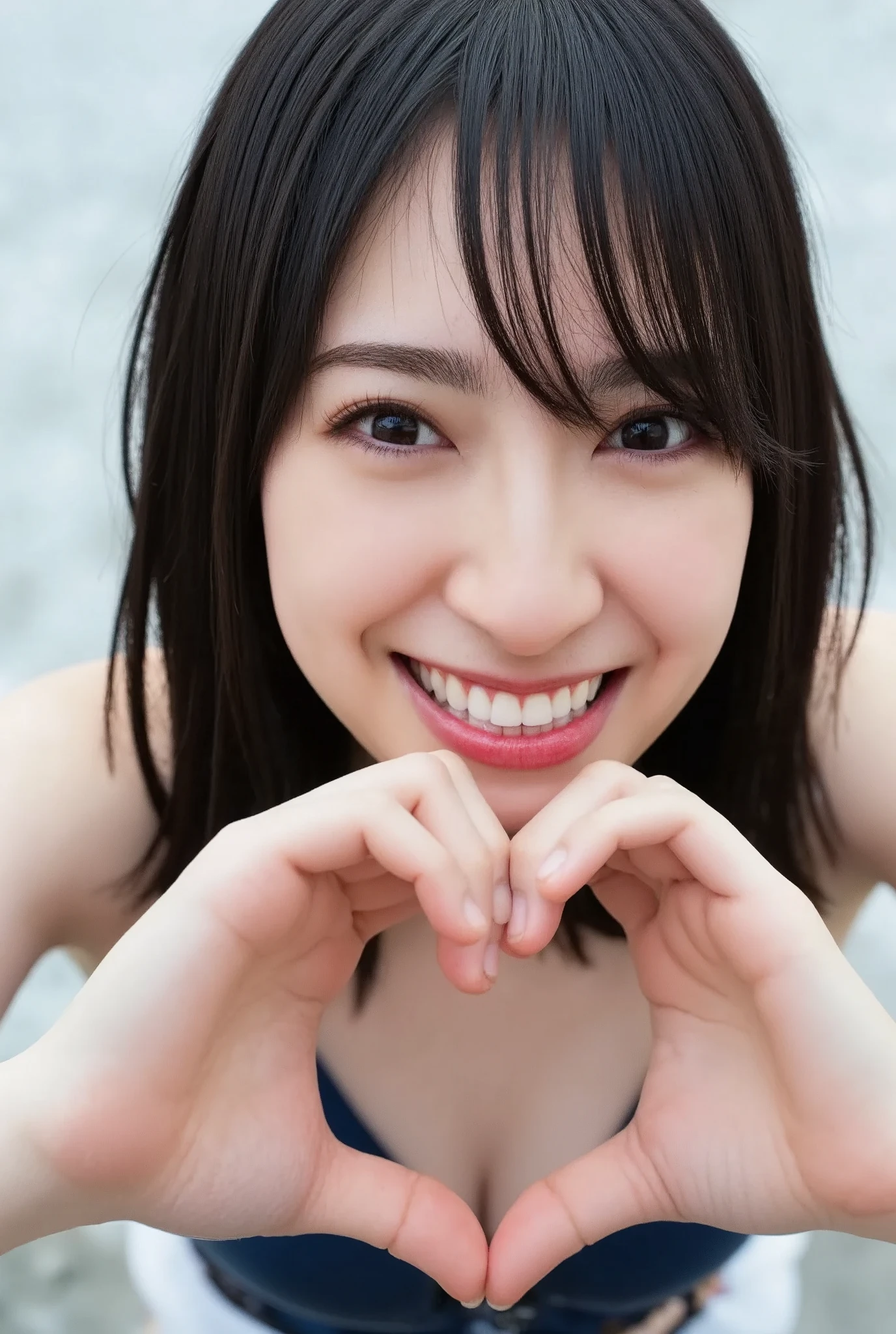 She is posing with both hands firmly in the shape of a big heart and holding it in front of her chest with a smile:1.67、Instagrammable:1.2、 (Super accurate humility、RAW photo、8k、32K、masterpiece、Realistic、  photorealistic:1.37)、Cute Japanese women images、Wearing sexy swimsuit:1.33、Photographed in natural light、  upper body、 1 girl、Photo Mapping、  physically-based rendering 、Excellent image quality、 high res、1080P、(Beautiful Face)、( in blue clothes)、( Detailed description of the hand setter&#39;Muscle area)、(Detailed CG)、Rich details、( great features :1.35)、(Detailed eyes)、 I'm looking forward to your eyes 、Delicate clavicle、 various poses 、非常にリアルで詳細な若い女性の  upper bodyポートレート。The skin is beautiful、  soft light is reflected on the high part of her cheeks .、 Tiny pores and hair follicles、 Even the tiniest blood vessels are visible。The skin is smooth、natural flushing of cheeks 、Healthy glow。 The eyes are large and clear blue、 The iris has fine patterning、 Light is reflecting and shining in the eye,   slightly shaded under eyes  、 Her eyelashes are long and naturally curled,  her lips are soft pink 、 Smooth texture and natural glow、 Slightly reflects light,  background is pale black and white gradation 、焦点は完全に顔と  upper bodyに当たっている, Realistic shadows and textures、Photographic depiction