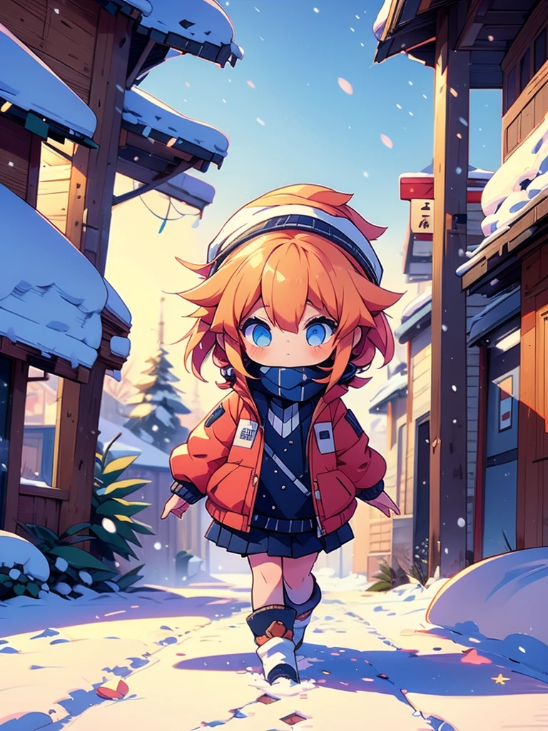 (1girl), walking down a snowy path during the winter season, chibi, heavy jacket, looking at camera, (random poses)