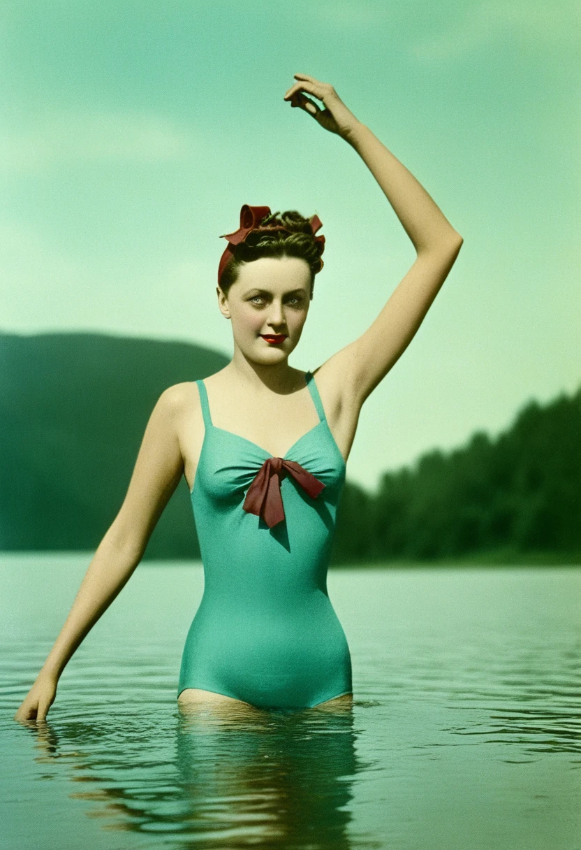 there is a woman in a bikini standing in the water, vintage color photo, colorized photo, in a lake, colorized photograph, old color photo, a colorized photo, in lake, colourized, autochrome, hand - tinted, award winning colorized photo, autochrome photograph, on a lake, colorized, in retro swimsuit, old color photograph