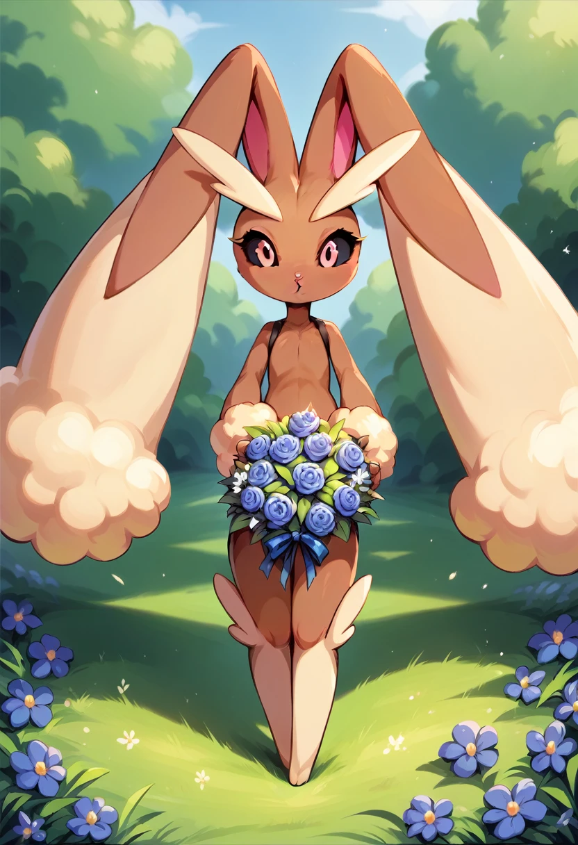  Lopunny resting on a flower meadow while holding a bouquet of blue flowers, The flowers are tall, reaching up to half their height   