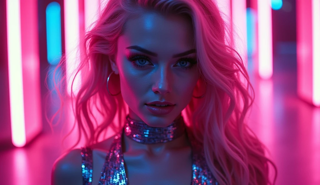 ((best quality)), ((masterpiece)), (detailed), ((background Cyber)), wet look, ((blond long Hair)), ((Intricate detailing, in the night time, Contre-Jour, random neon color, View from afar, random pose, blue latex bodysuit, face focus, hell picture, light face, big boobs)), (face brightly lit), ((full body view)), 8k