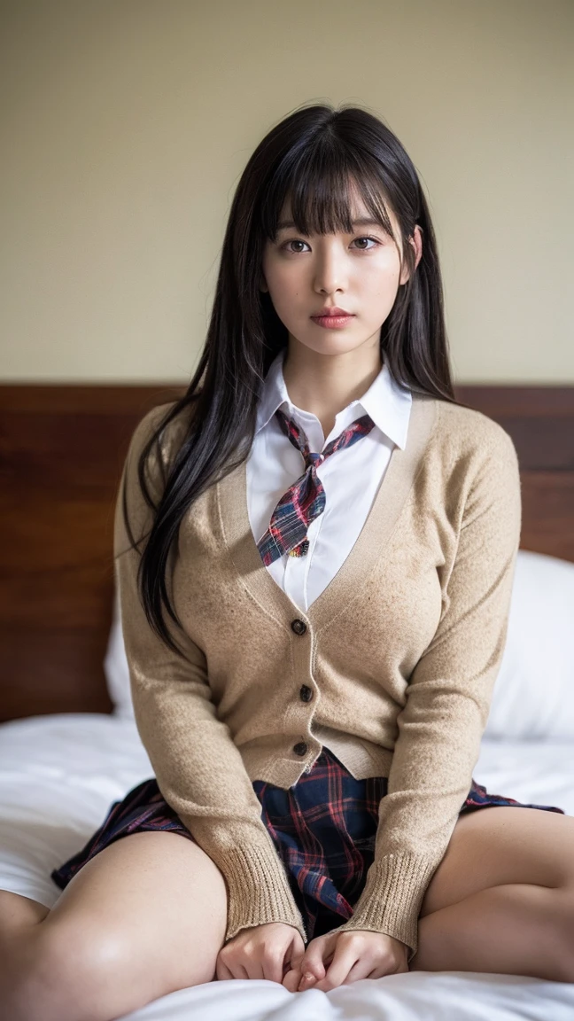 8K、High resolution、masterpiece、(Realistic:1.5)、In detail、Fine texture、High Contrast、alone、high school girl、、Natural body shape、White skin、Natural Makeup、Black Hair、bangs、Straight Long Hair、High School Uniform、Beige cardigan、Roll up your sleeves、White blouse with collar、Blue plaid tie、(Blue plaid pleated skirt)、、Big Breasts、(Small size pure white panties:1.3)、((The upper body is wearing a uniform))、Bedroom、On the bed、(White socks)、Full body photo、Focus on the groin、(Sitting with legs crossed:2)(Beautiful fingers:1.3)
